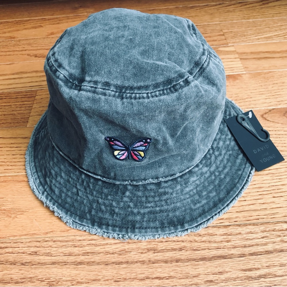 David and Young Charcoal Denim Bucket Hat Colorful Butterfly Girl’s O/S NWT